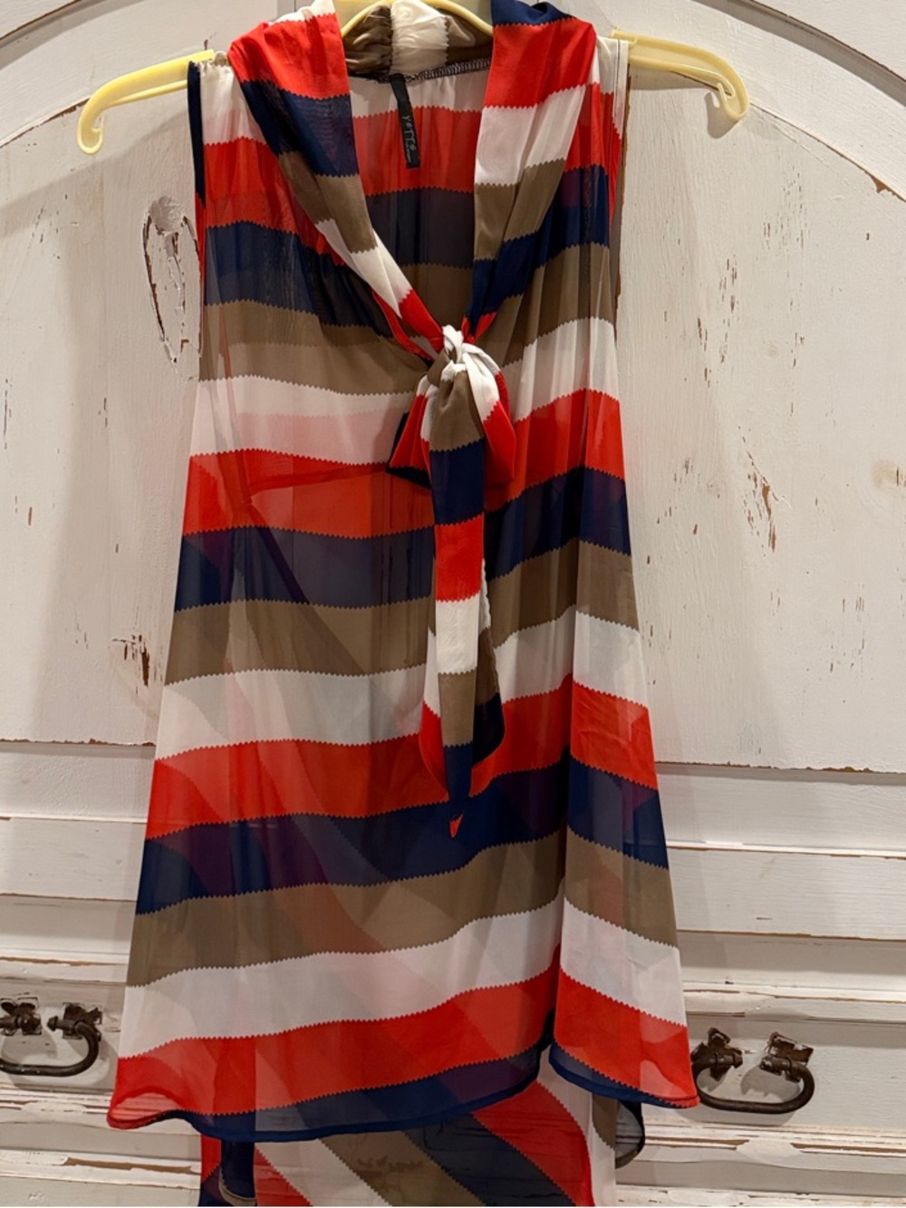 Sleeveless Asymmetrical Stripe Dress with Front Tie - Red, Navy, Brown, White